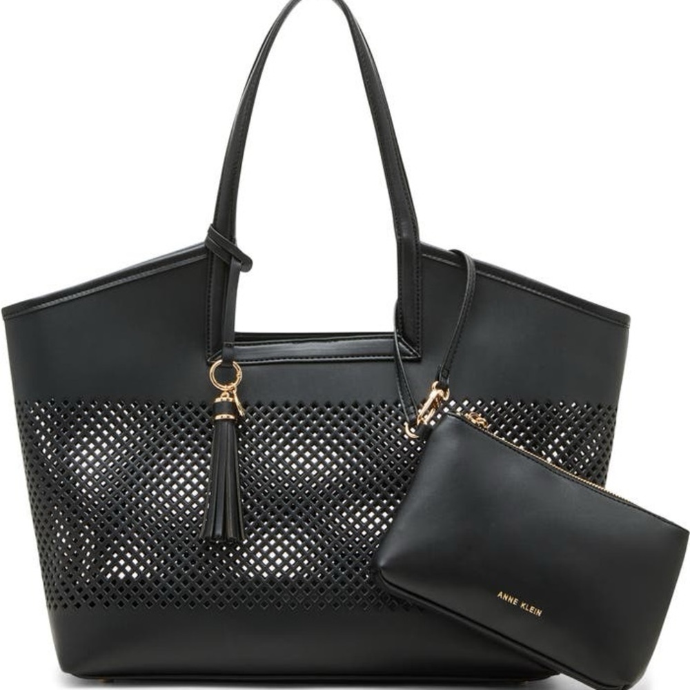 Anne Klein Black Perforated Tote with Pouch